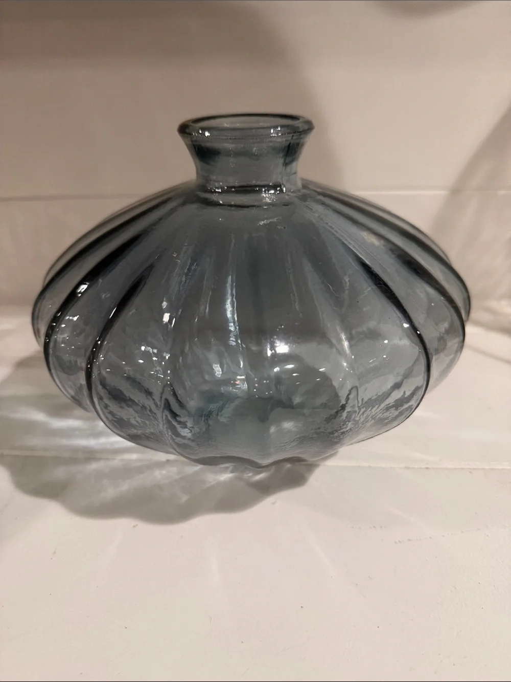 Smoky Blue Ribbed Glass Vase - Decorative Home Accent